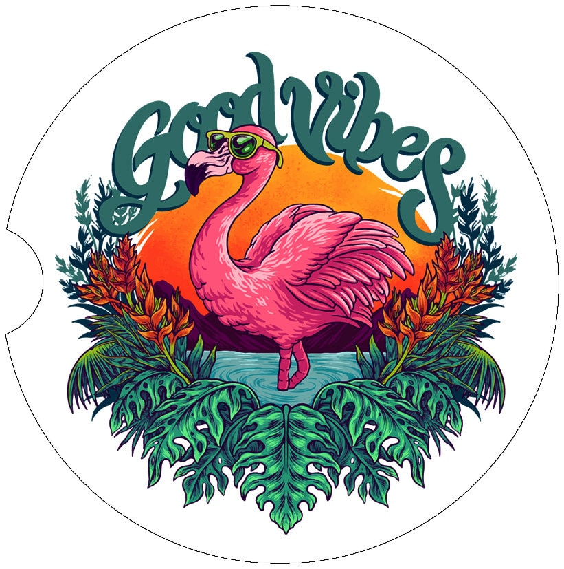 Good Vibes Flamingo Art Car Coasters - Matching Pair - Schoppix Gifts