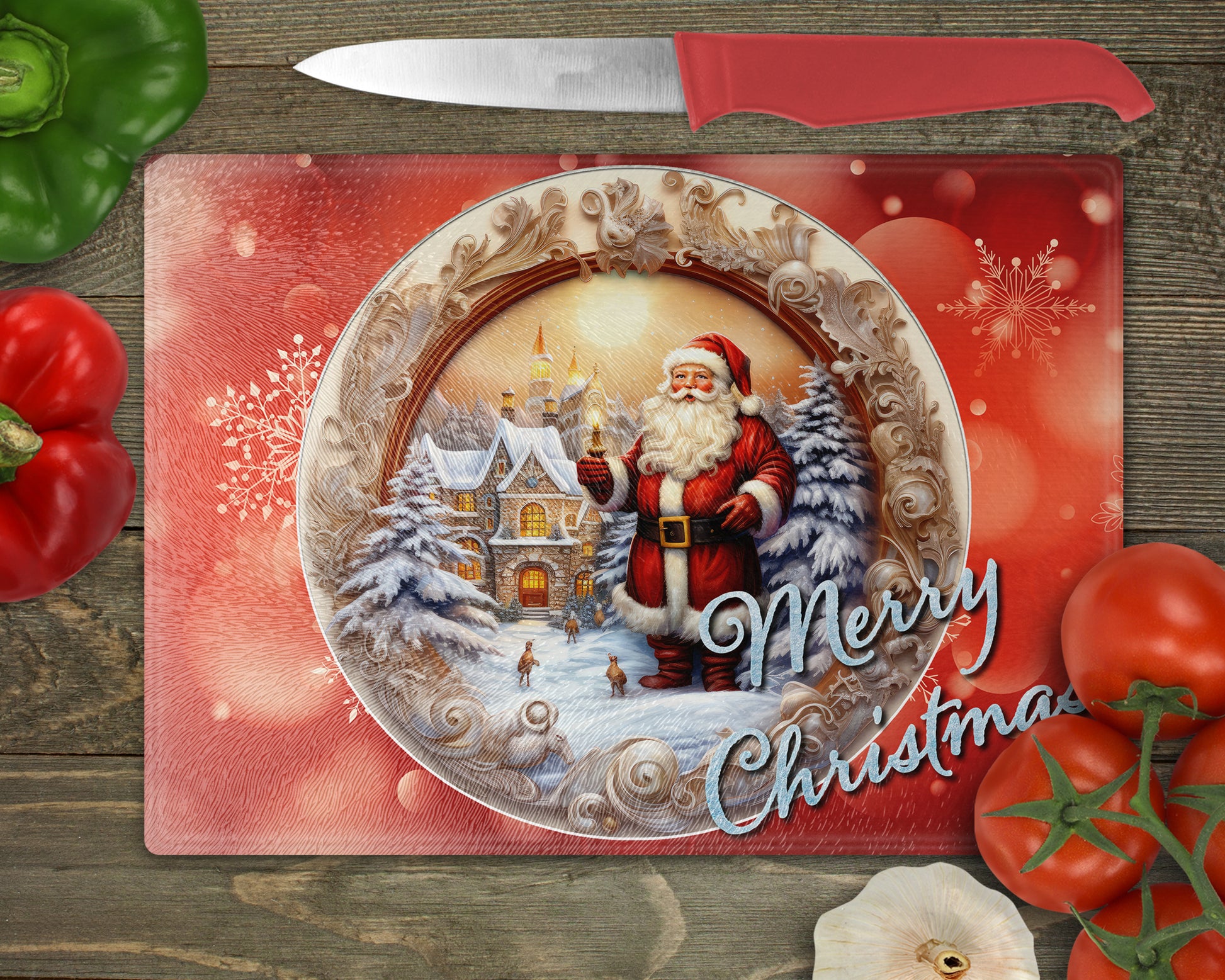 a cutting board with a picture of a santa clause on it