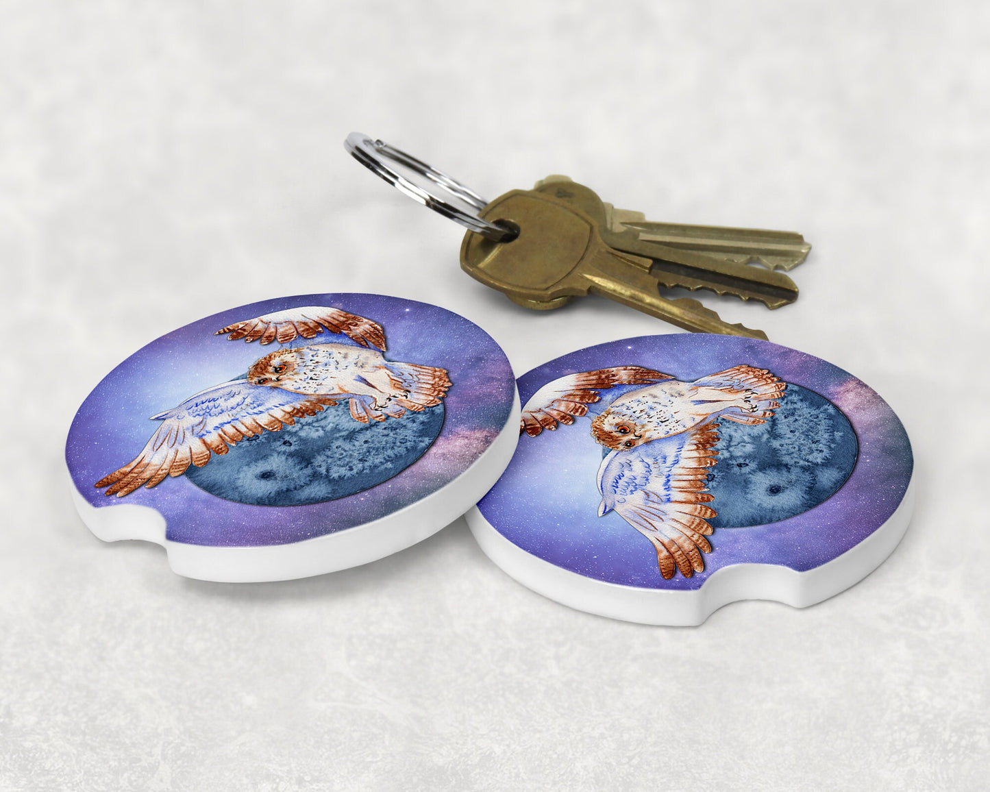 BOHO Owls by the Moon Art  Car Coasters  - Matching Pair - Schoppix Gifts