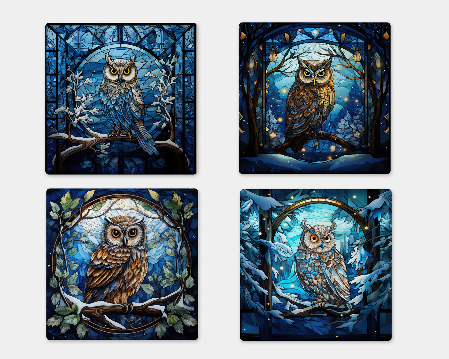 four paintings of owls sitting on a tree branch