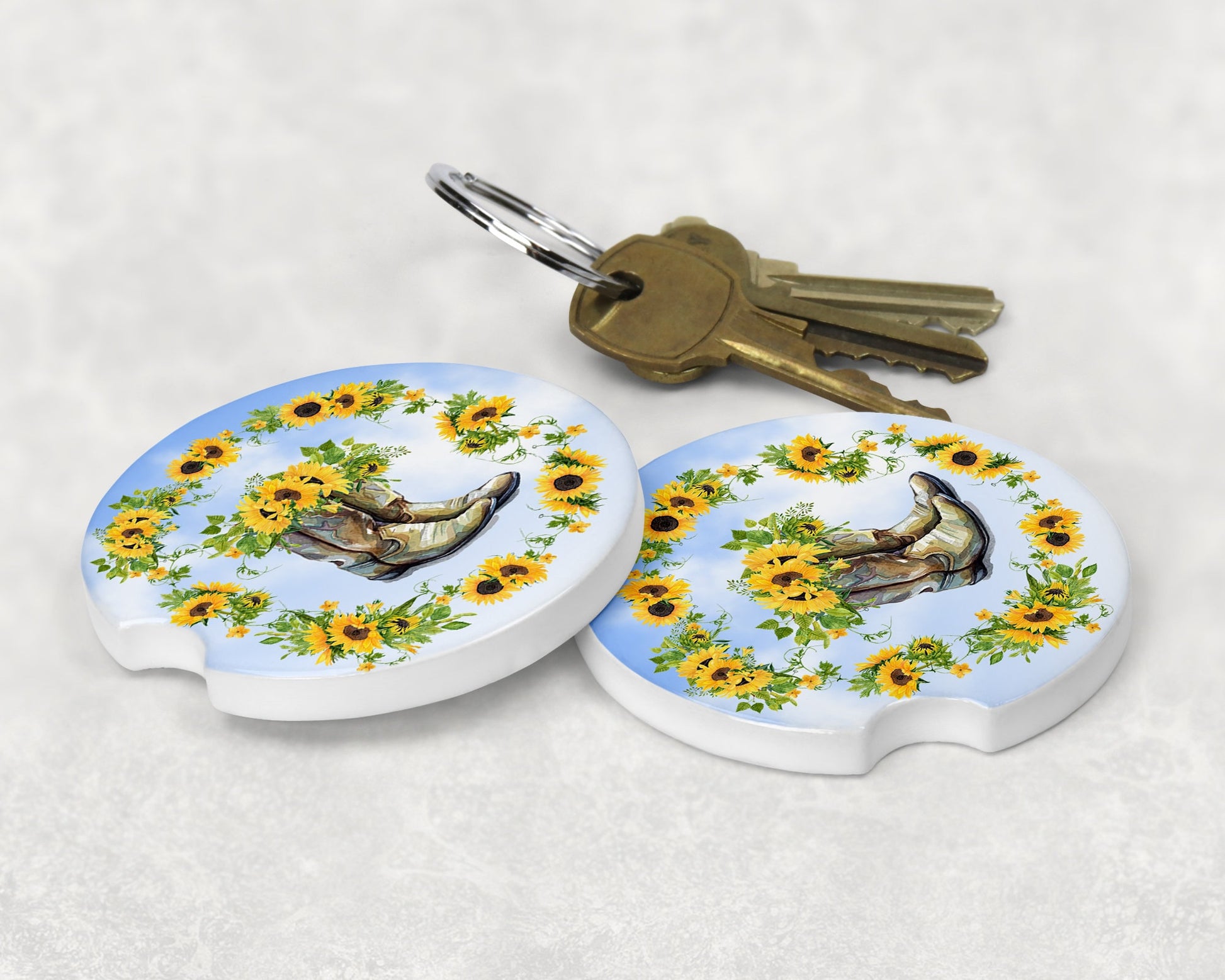 Cowgirl Boots and Sunflowers Art Car Coasters  - Matching Pair - Schoppix Gifts