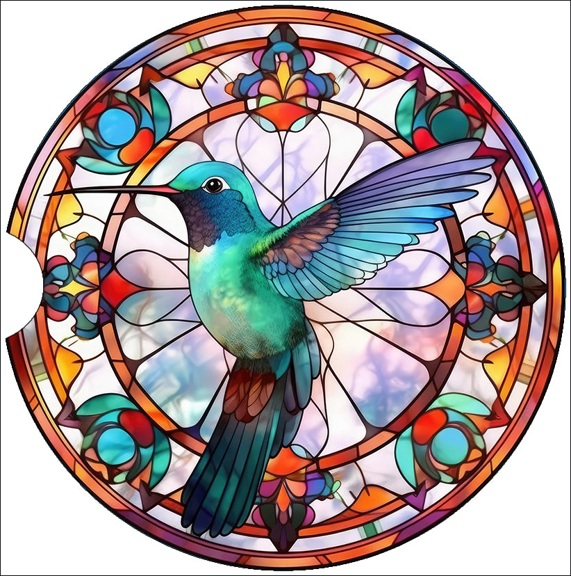 a stained glass window with a bird in it
