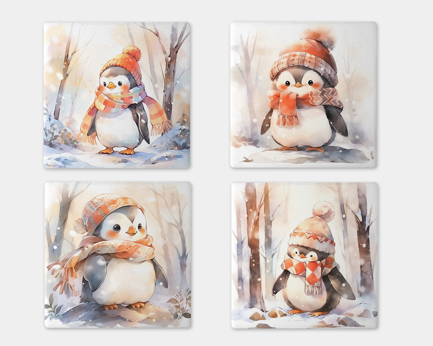 a set of four coasters with a picture of a penguin and a penguinling