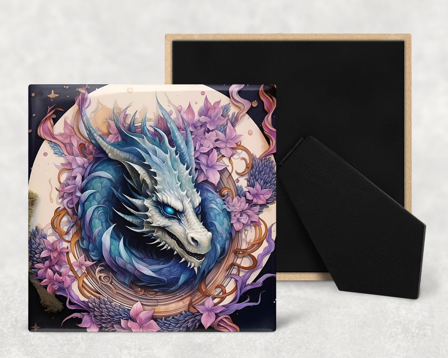 a picture of a dragon with flowers on it