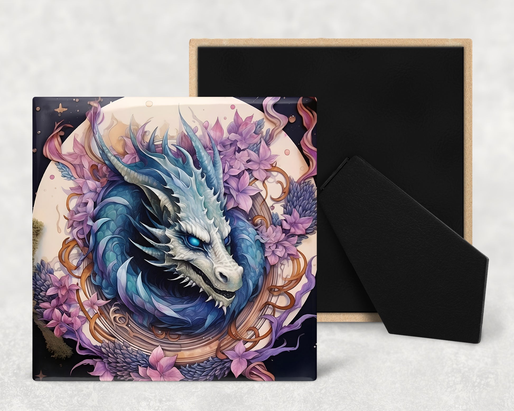 a picture of a dragon with flowers on it