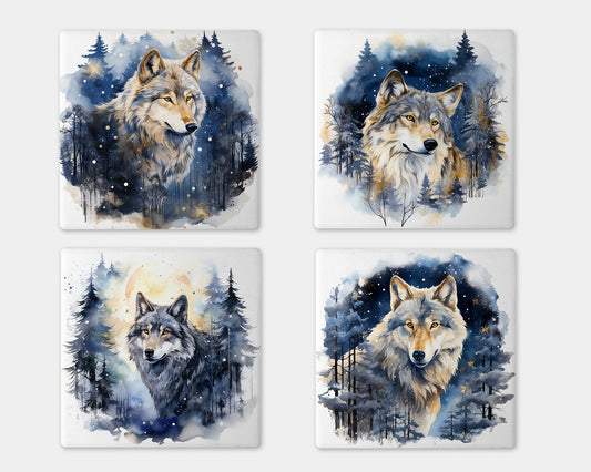 a set of four coasters with wolf pictures on them