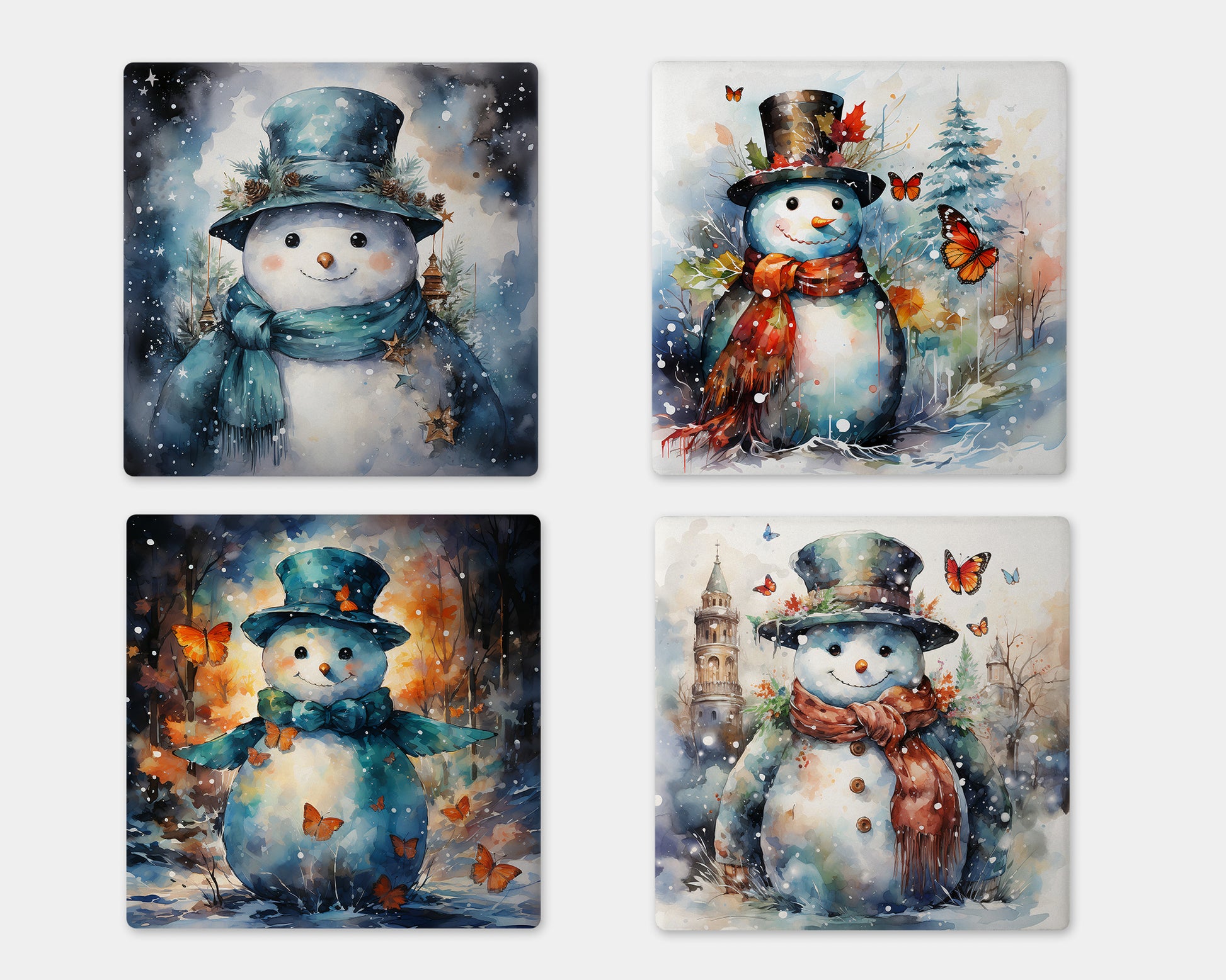 four snowmen with hats and scarves in the snow