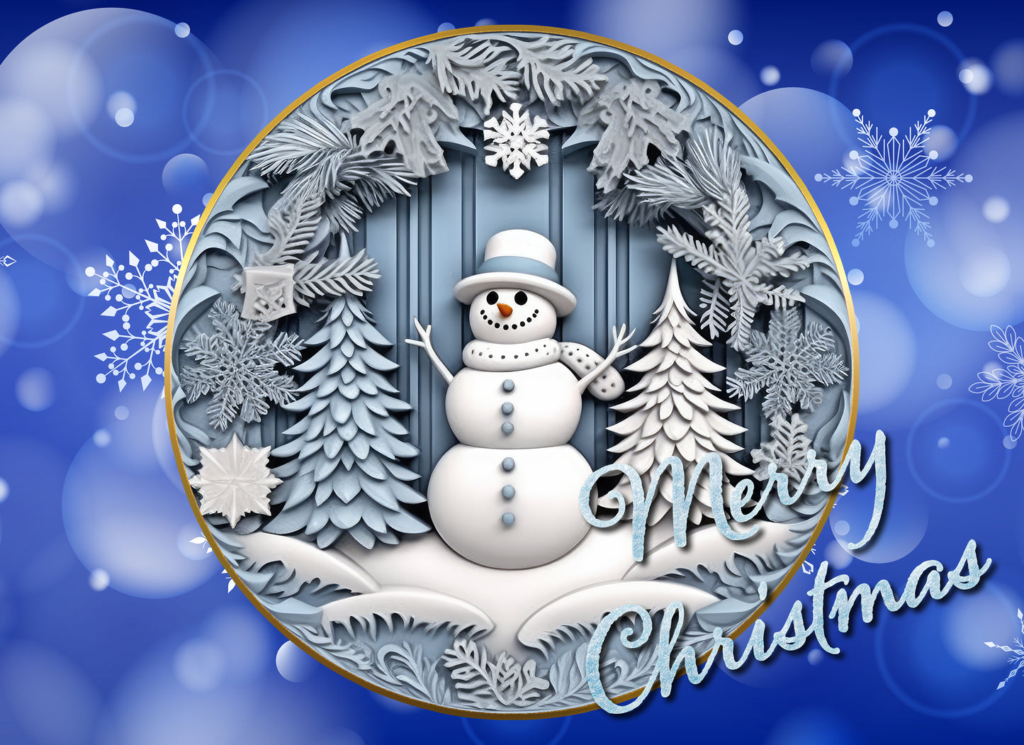 a snowman is standing in front of a blue background