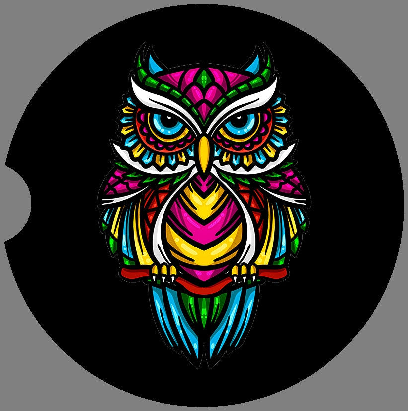 Stained Glass Tribal Owl Art Car Coasters  - Matching Pair - Schoppix Gifts
