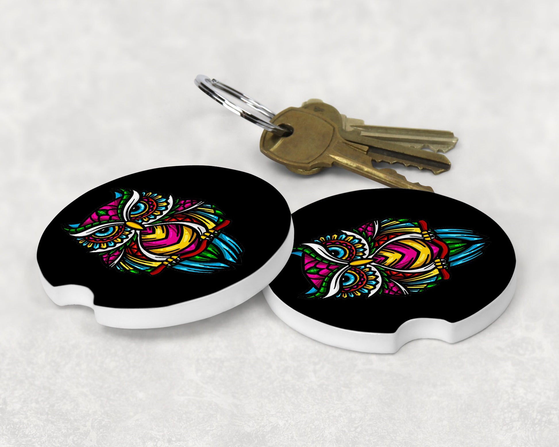 Stained Glass Tribal Owl Art Car Coasters  - Matching Pair - Schoppix Gifts
