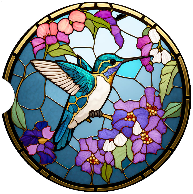 a stained glass window with a hummingbird and flowers