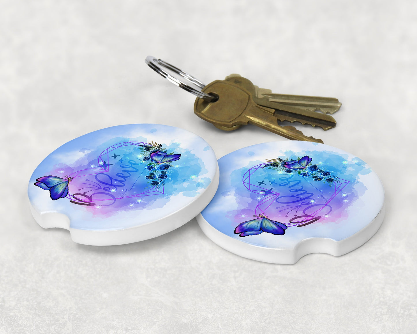 Watercolor Butterfly Believe Art Car Coasters  - Matching Pair - Schoppix Gifts