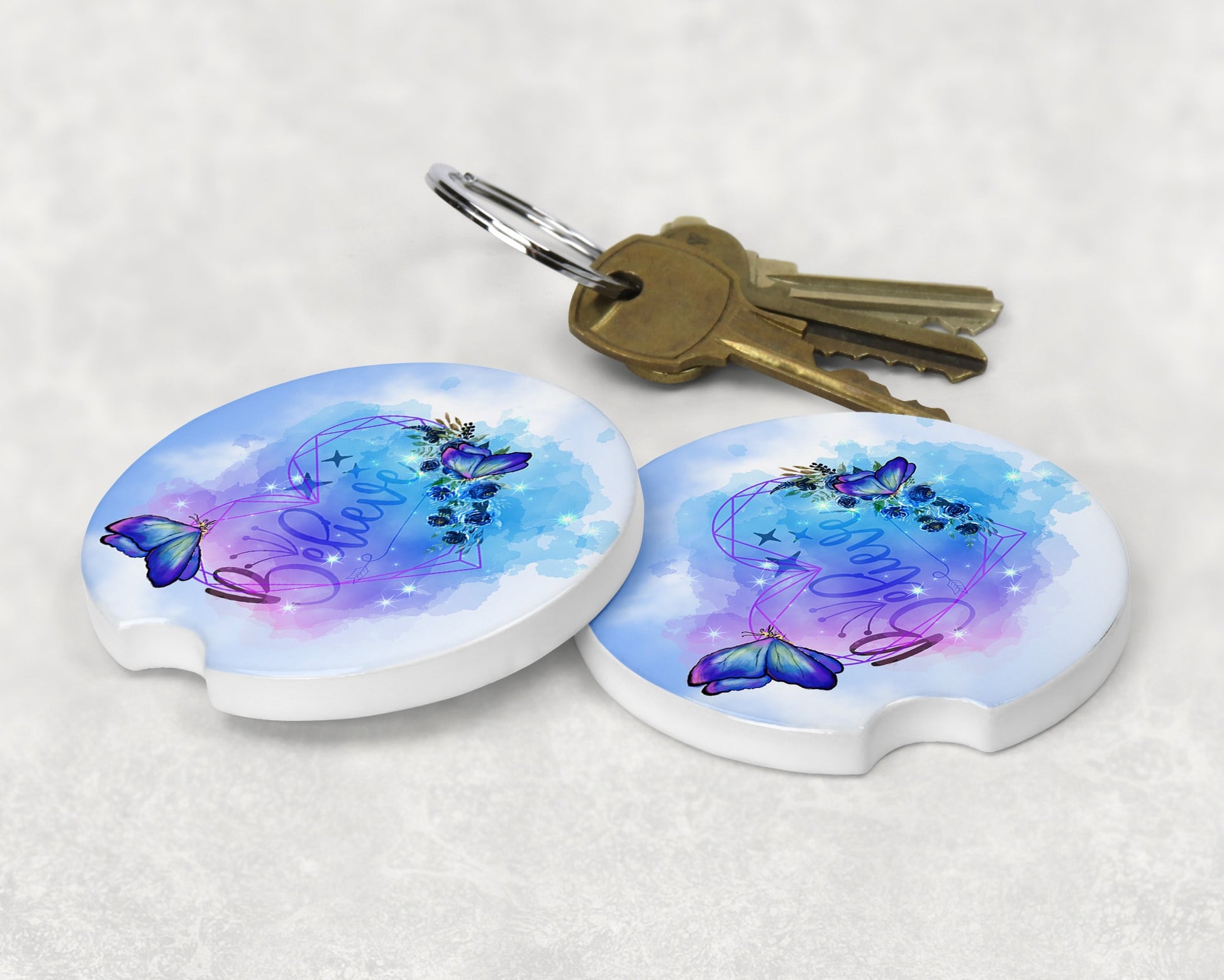 Watercolor Butterfly Believe Art Car Coasters  - Matching Pair - Schoppix Gifts