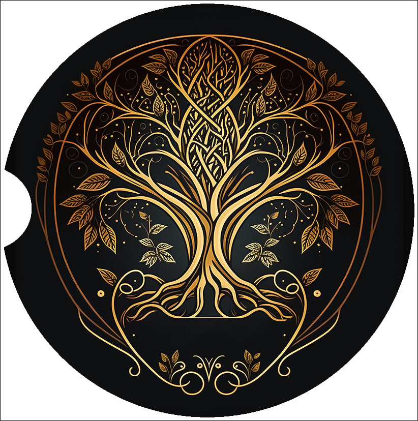 a golden tree of life on a black circle