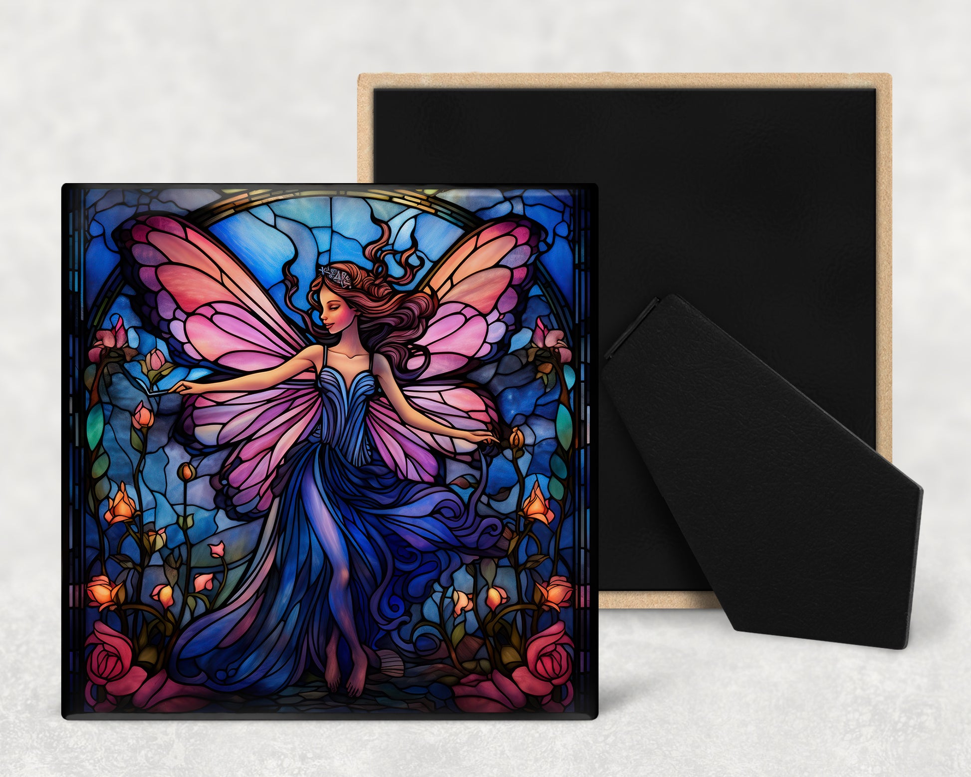 a card with a stained glass picture of a fairy
