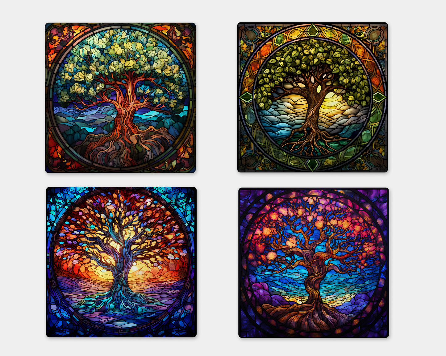 four stained glass paintings of a tree of life