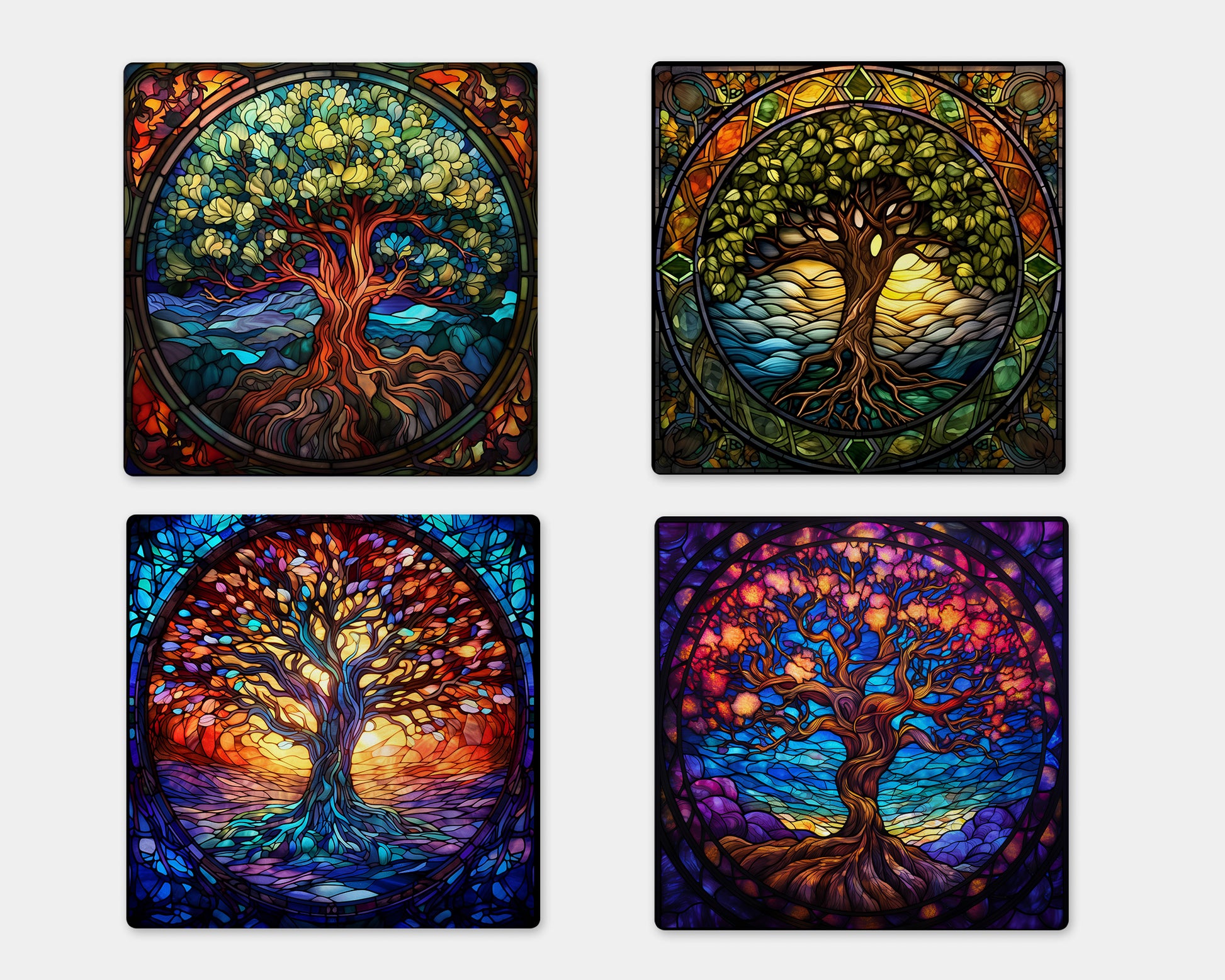 four stained glass paintings of a tree of life