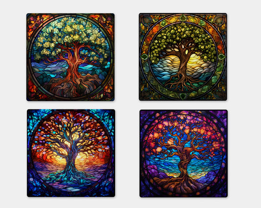 four stained glass paintings of a tree of life