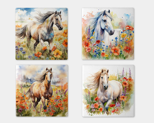 four coasters with horses in a field of flowers