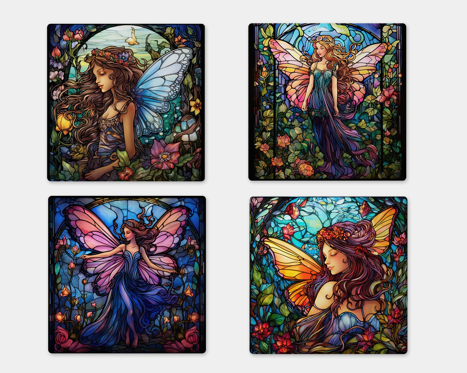 a set of four stained glass pictures of a fairy