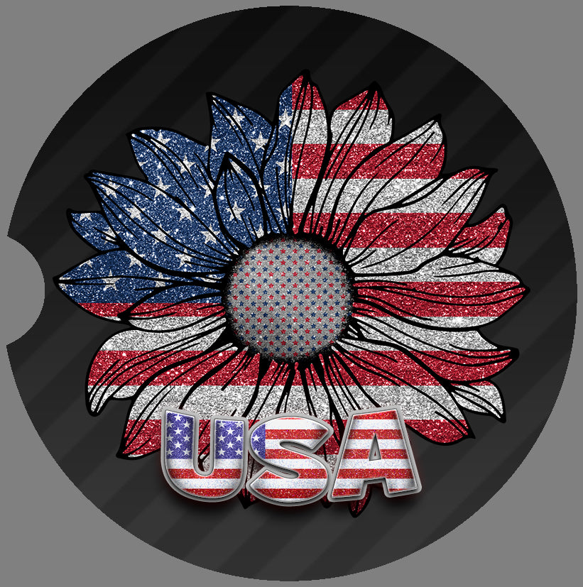Glitter Look Sunflower USA American Flag Car Coasters/Set of 2
