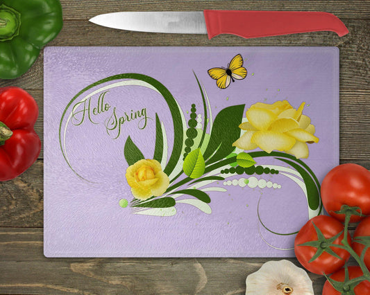 Hello Spring Yellow Roses Glass Cutting Board - Schoppix Gifts