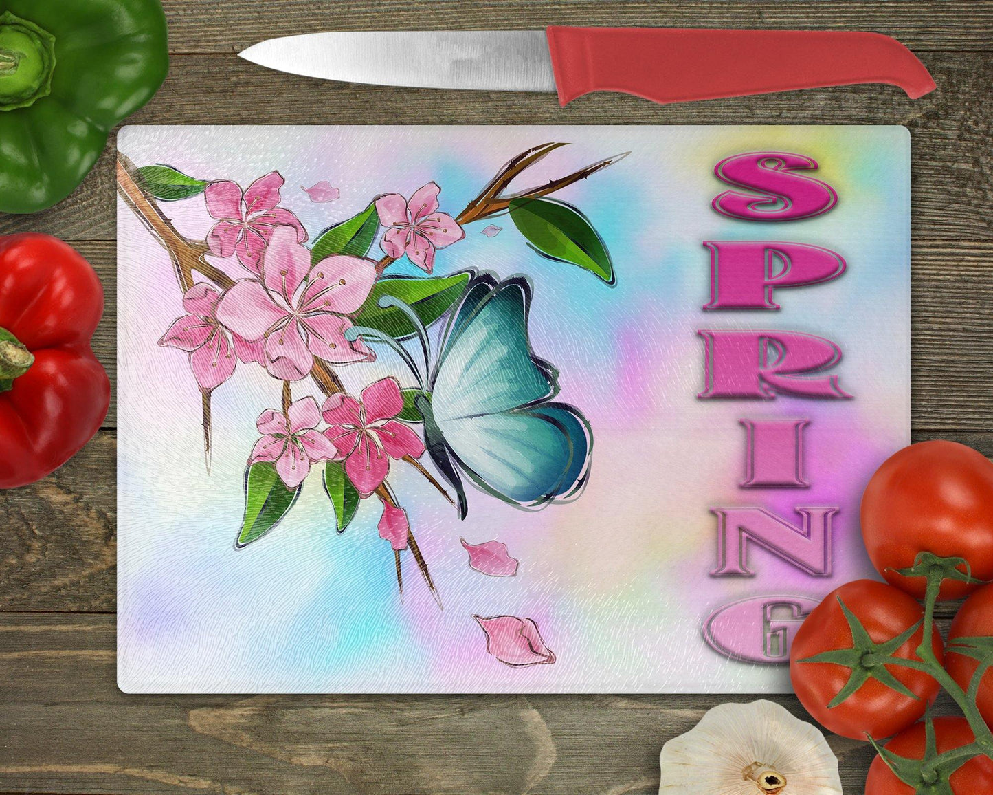 Butterfly on Cherry Blossoms Glass Cutting Board - Schoppix Gifts