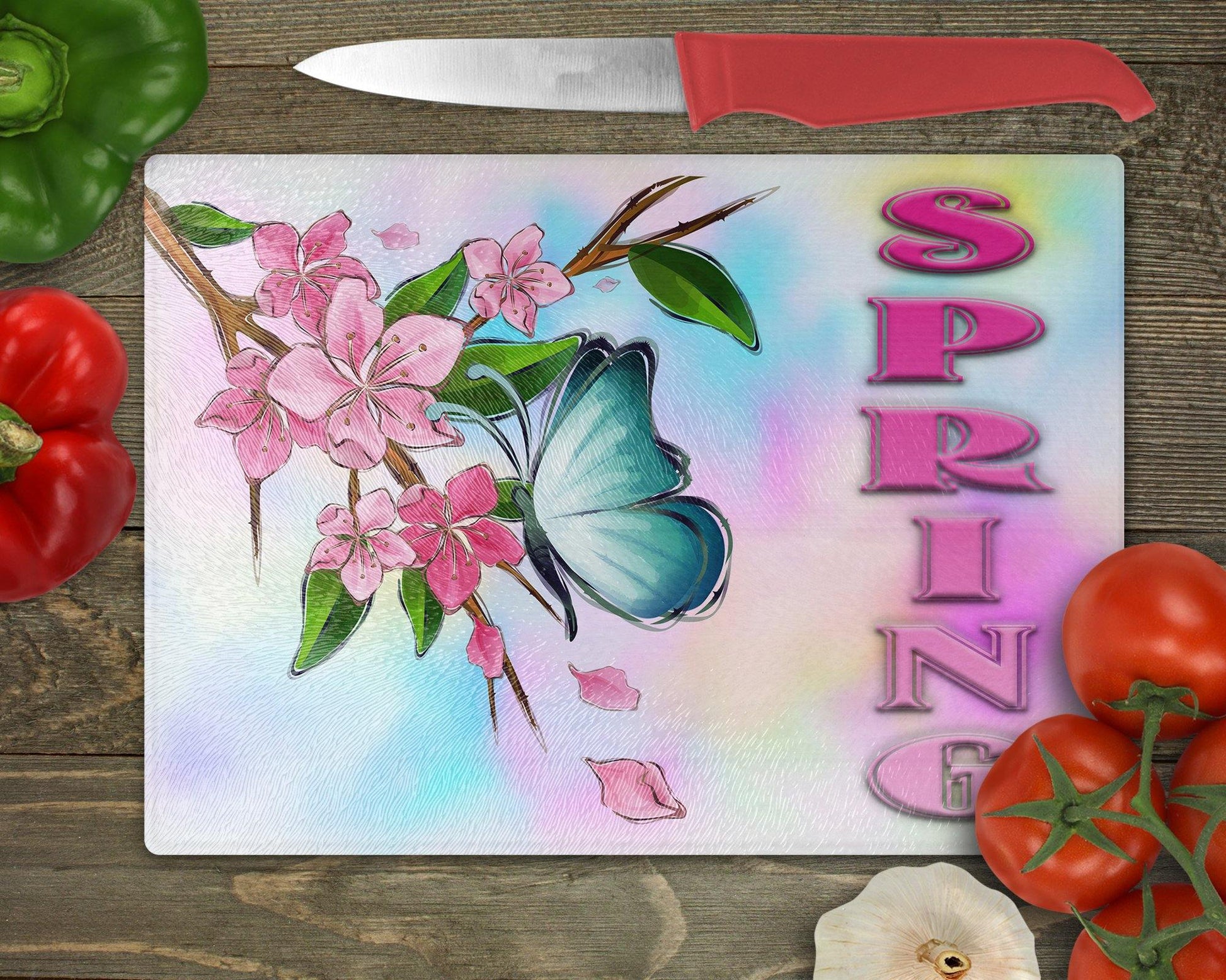 Butterfly on Cherry Blossoms Glass Cutting Board - Schoppix Gifts