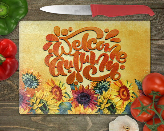 Welcome Autumn Sunflowers Fall Art Glass Cutting Board