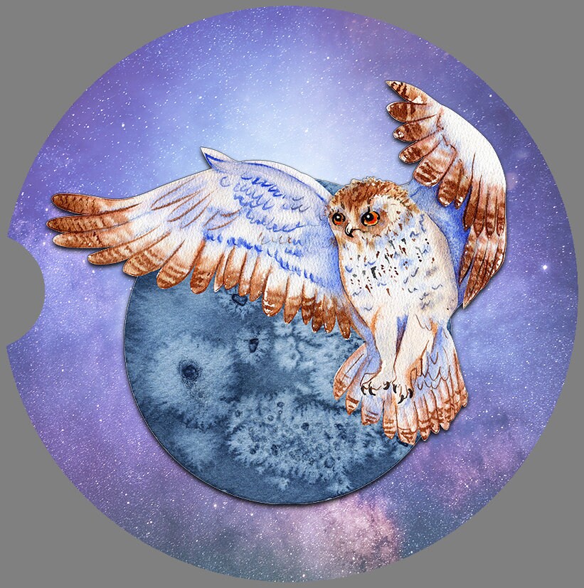 BOHO Owls by the Moon Art  Car Coasters  - Matching Pair - Schoppix Gifts