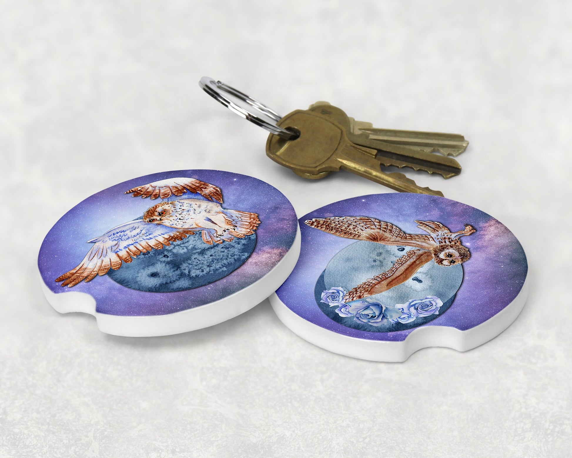 BOHO Owls by the Moon Art  Car Coasters  - Matching Pair - Schoppix Gifts