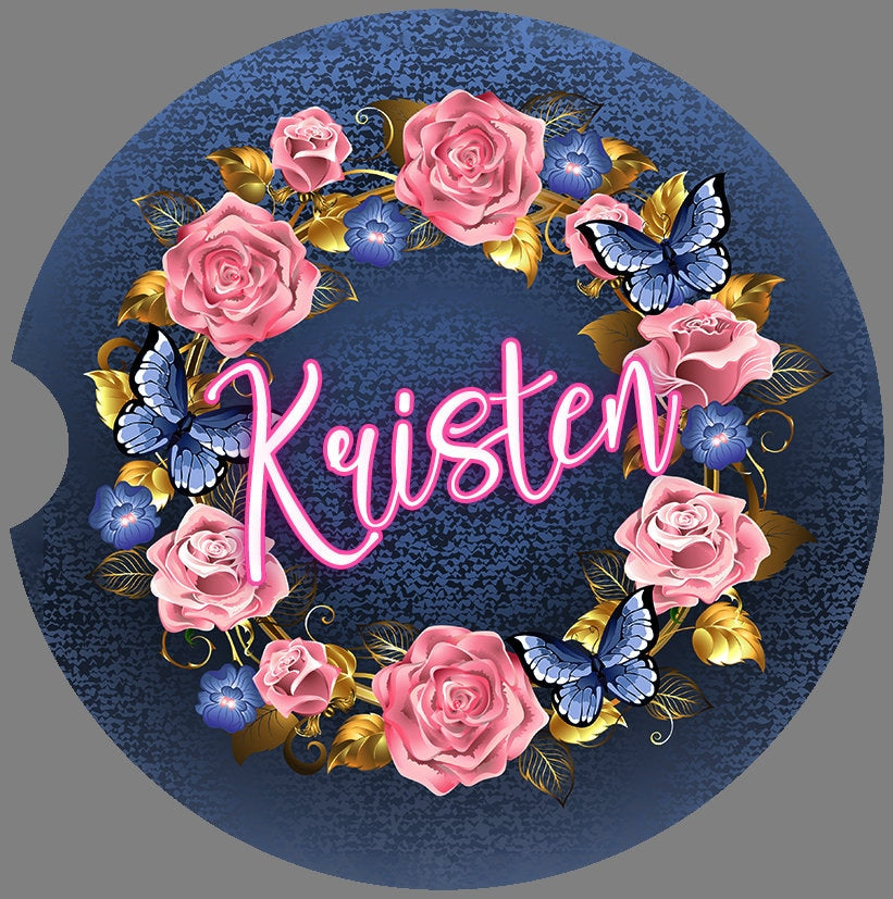 Personalized Butterfly Wreath Denim Look Art Car Coasters - Matching Pair - Schoppix Gifts