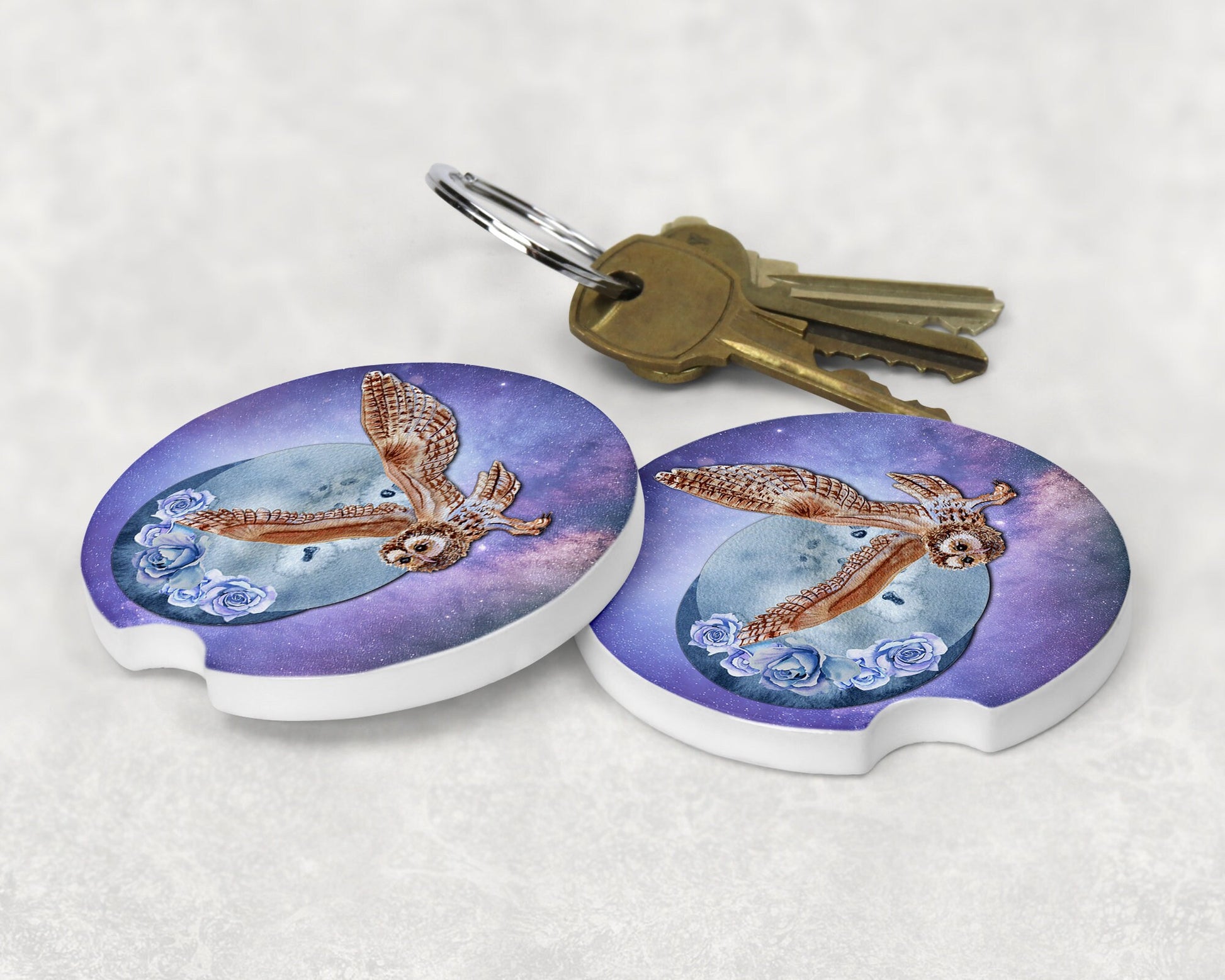 BOHO Owls by the Moon Art  Car Coasters  - Matching Pair - Schoppix Gifts