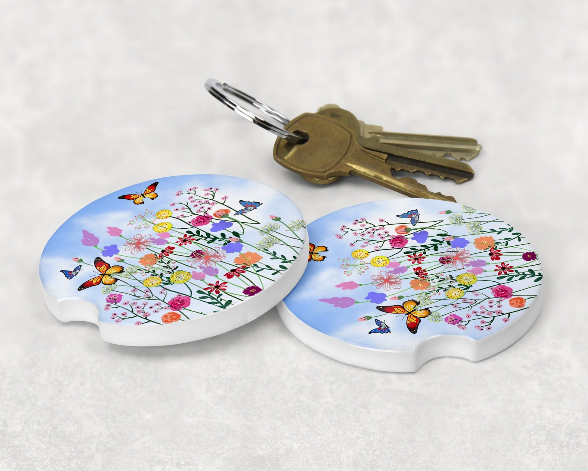 Butterflies and Flower Garden Art Car Coasters  - Matching Pair - Schoppix Gifts