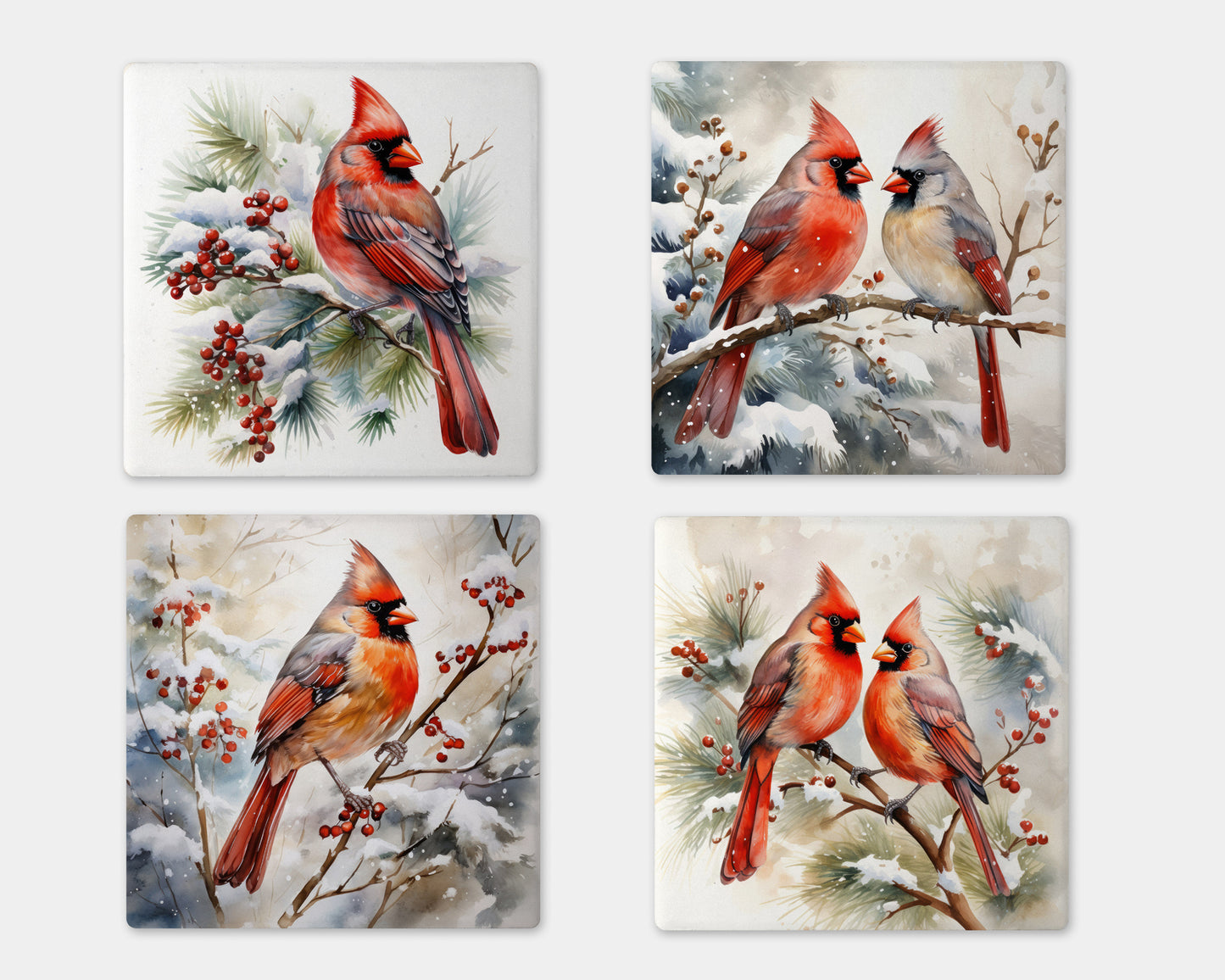 a set of four coasters with birds on them