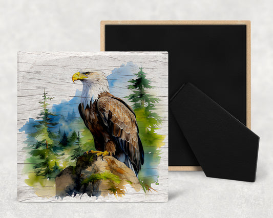 Watercolor Bald Eagle on Wood Texture Art Decorative Ceramic Tile with Optional Easel Back - Available in 3 Sizes
