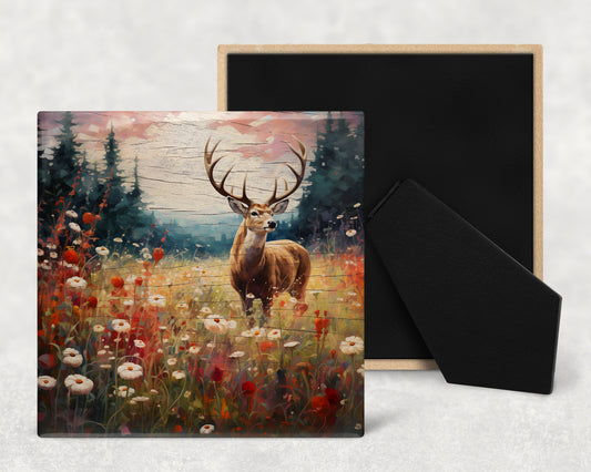 a painting of a deer in a field of flowers