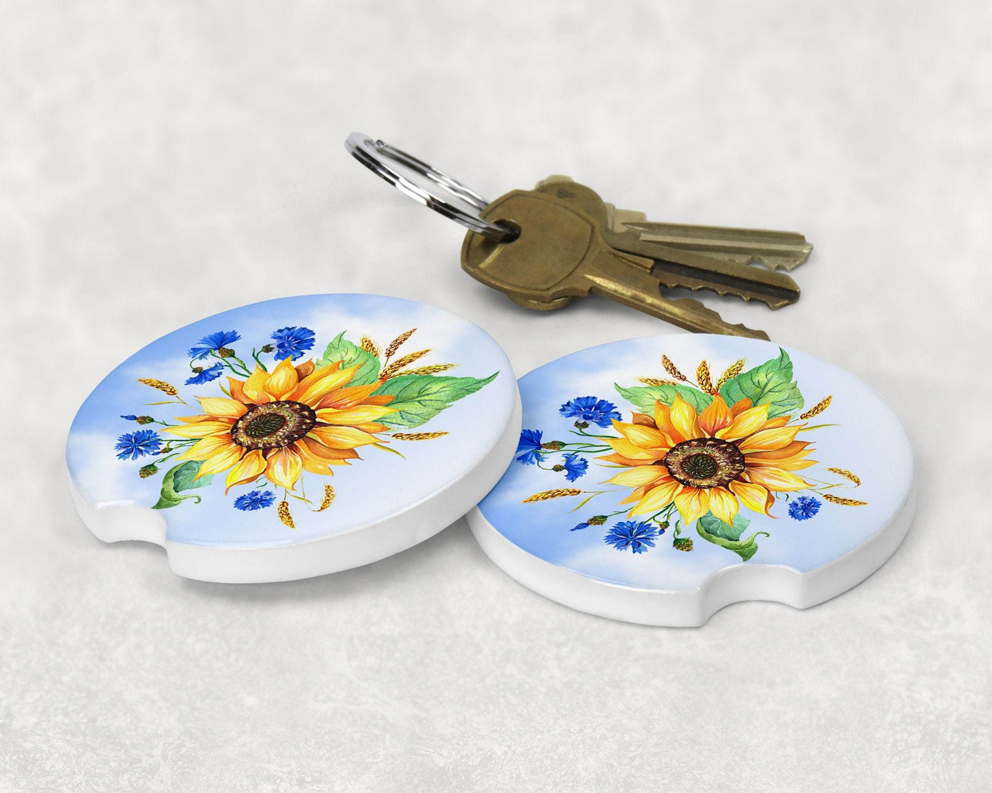 Sunflowers and Blue Blossoms Art Car Coasters  - Matching Pair - Schoppix Gifts