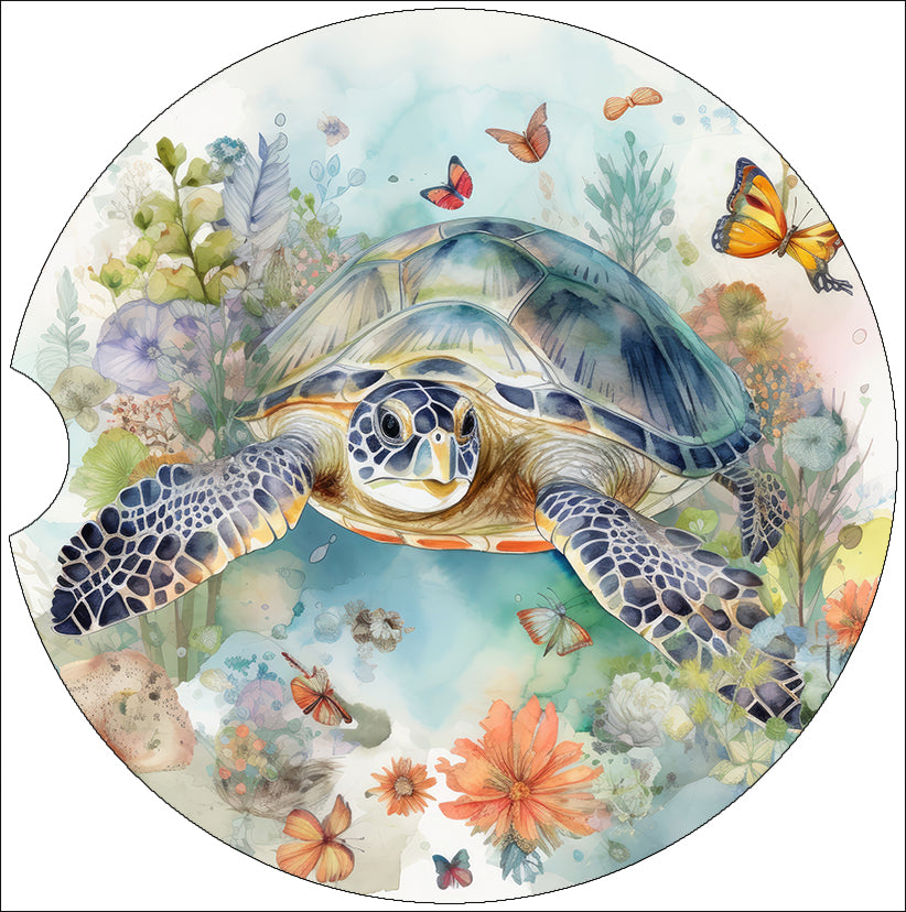 a painting of a turtle surrounded by flowers and butterflies