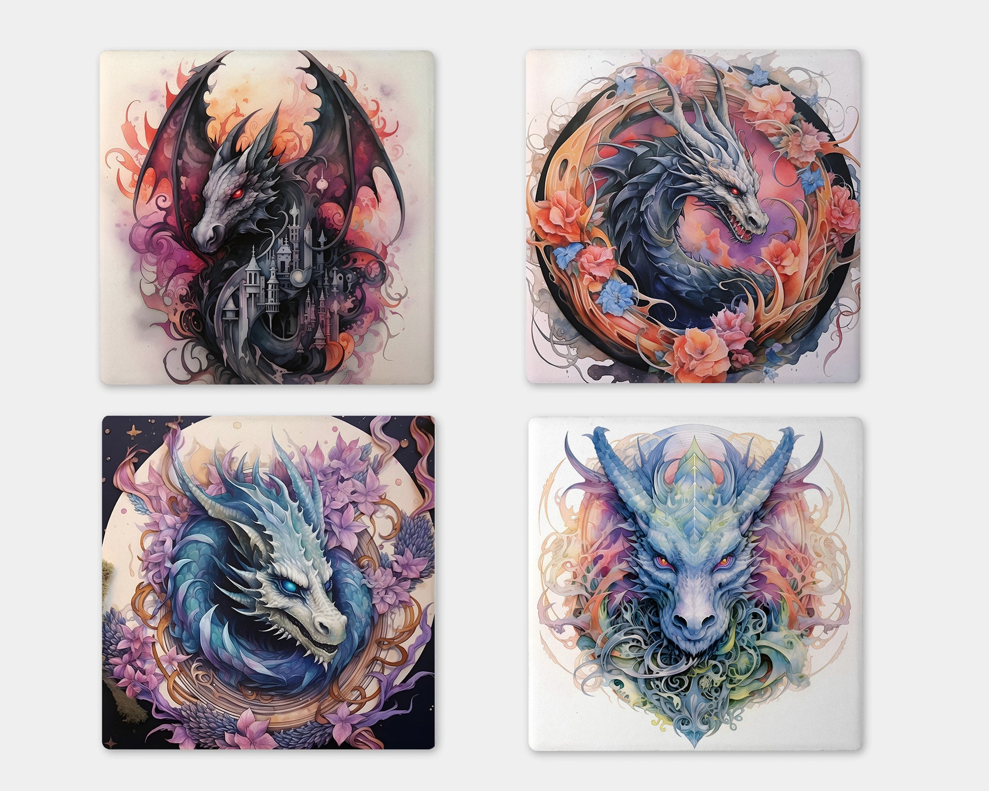 four coasters with dragon designs on them