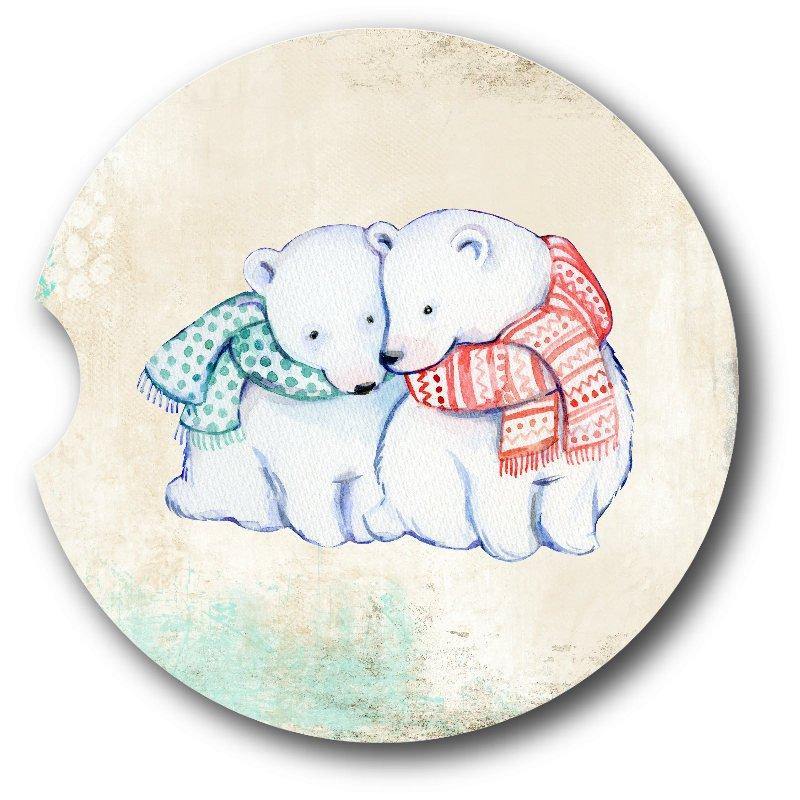 Polar Bears wearing scarves Sandstone Car Coasters set of 2 - Schoppix Gifts