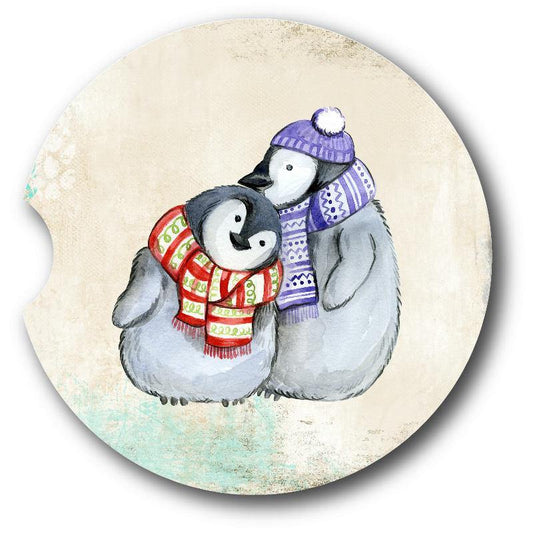 Adorable Penguin pair dressed in scarves and hats Sandstone Car Coasters set of 2 - Schoppix Gifts