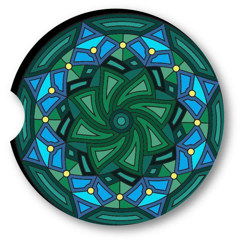 Blue Green 8 point Star Mandala Sandstone Car Coasters set of 2. - Schoppix Gifts