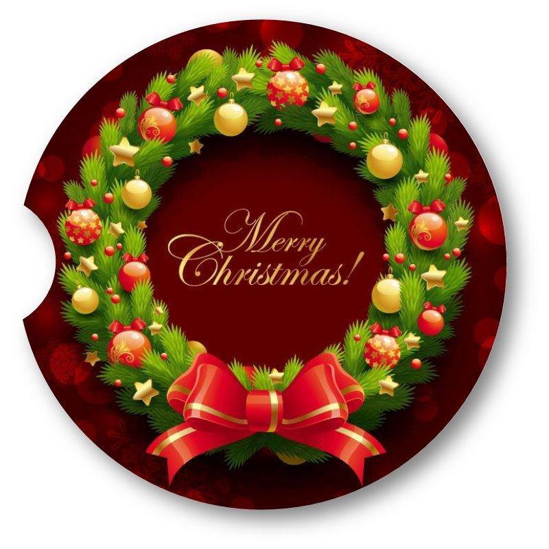 Traditional Christmas Wreath Sandstone Car Coasters / Set of 2 - Schoppix Gifts