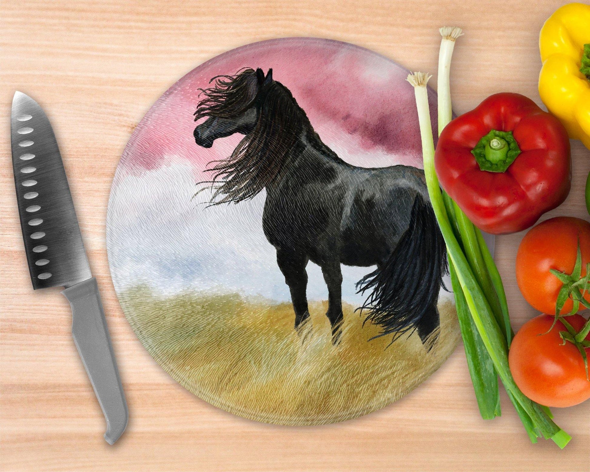 Black Horse  Glass Cutting Board - Round Cutting Board - Schoppix Gifts