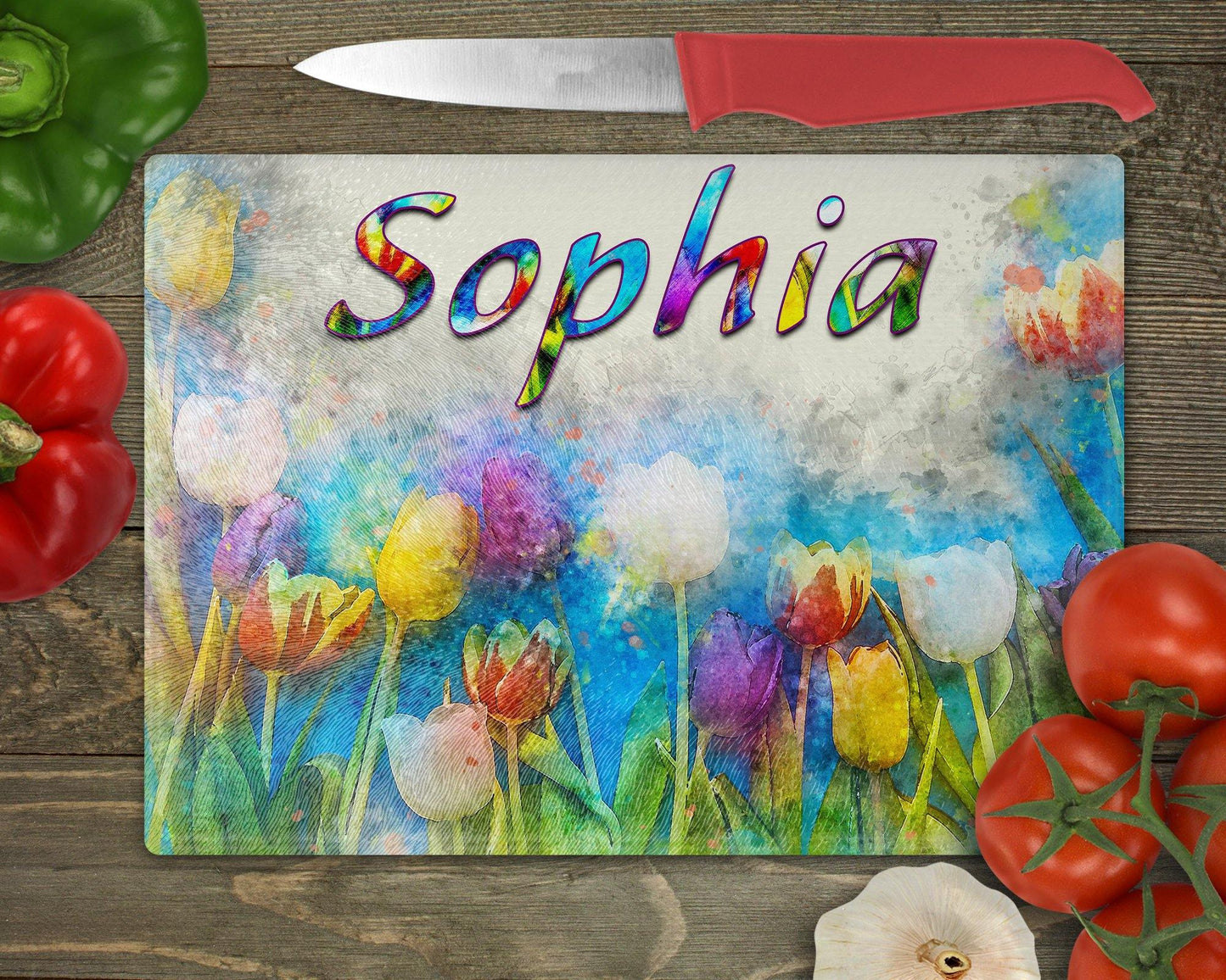 Personalized Watercolor Style Tulips Glass Cutting Board - Schoppix Gifts