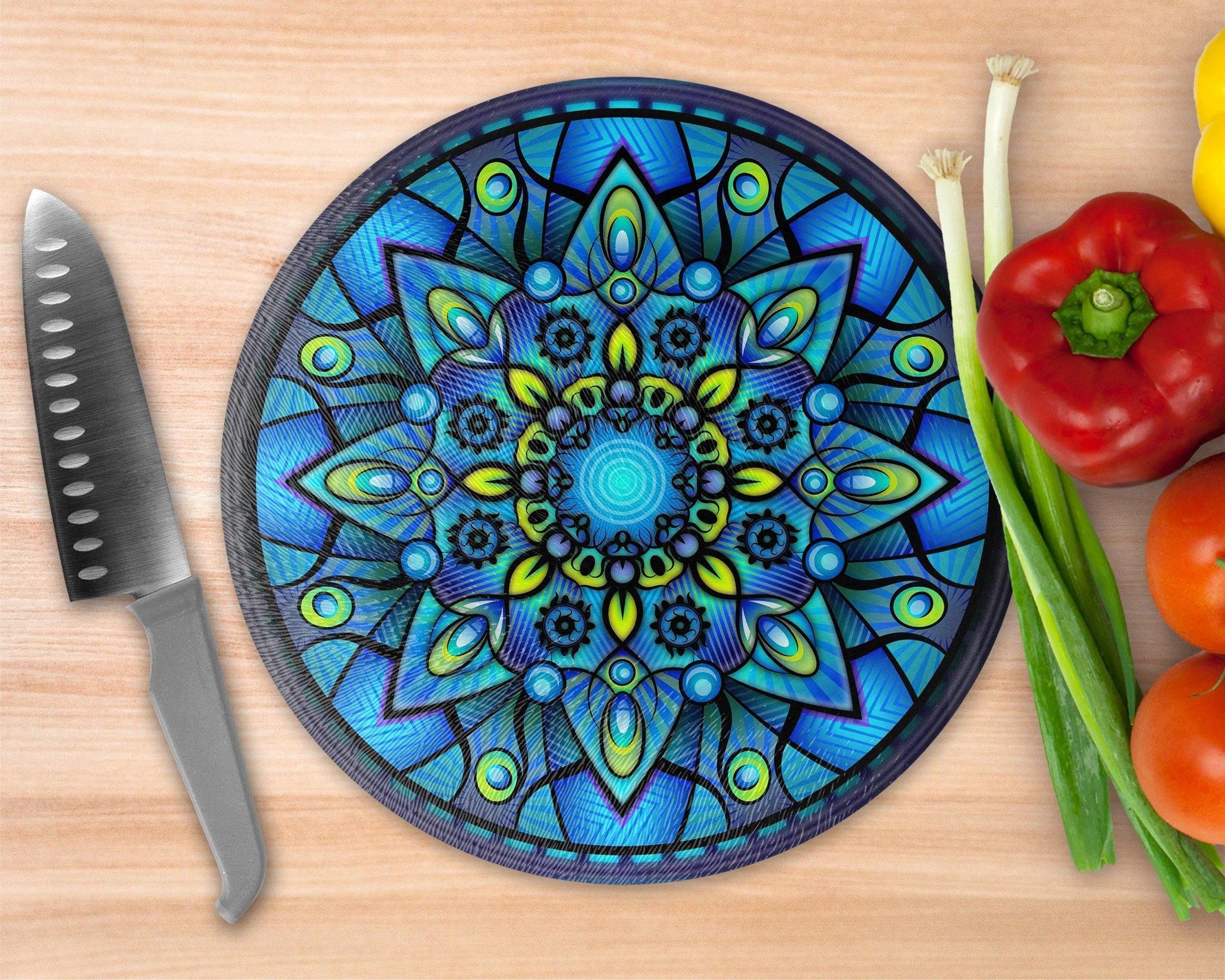 Aqua Blue Mandala  Glass Cutting Board - Round Cutting Board - Schoppix Gifts