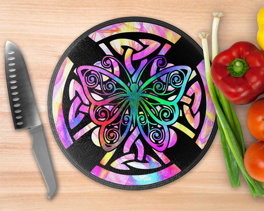Butterfly Celtic Cross Mandala  Glass Cutting Board - Round Cutting Board - Schoppix Gifts