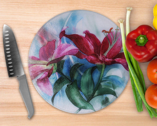 Painted style Lilies  Glass Cutting Board - Round Cutting Board - Schoppix Gifts