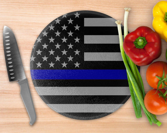 Thin Red Line/Blue Line  Glass Cutting Board - Round Cutting Board - Schoppix Gifts